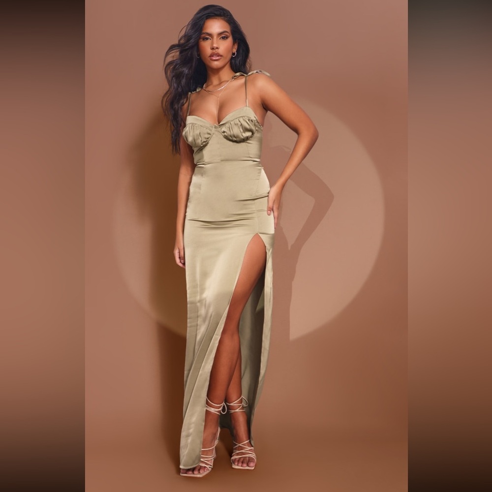 Sage green satin dress from PLT